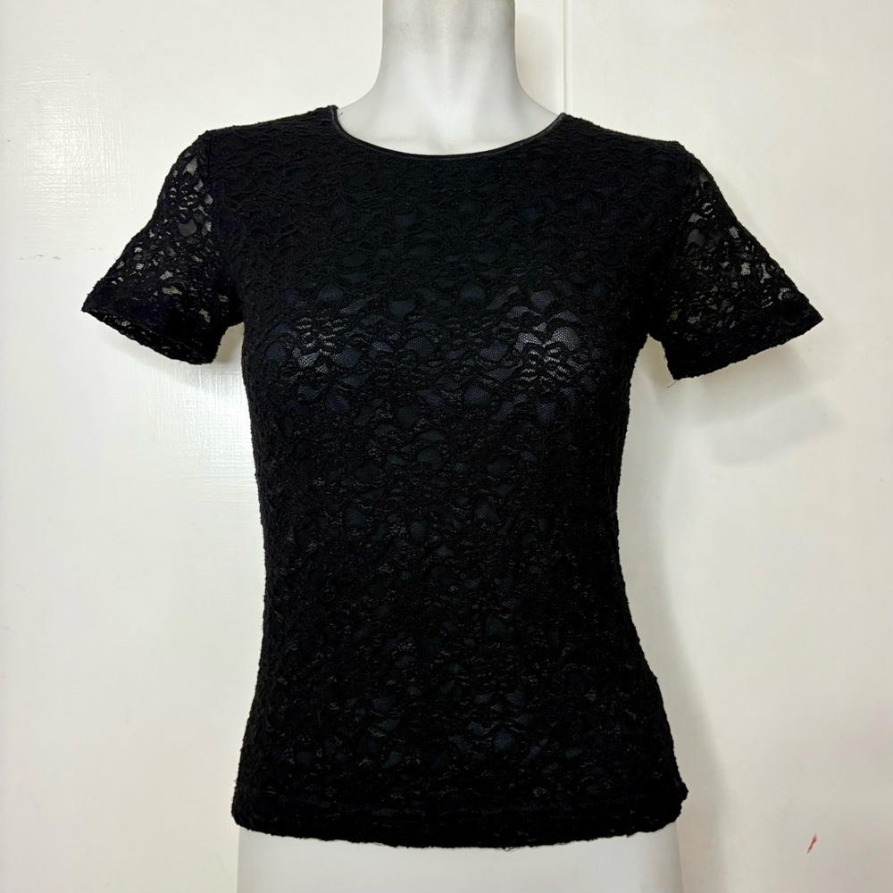 Vintage 90s Patricia Jones Black Lace Semi Sheer Short Sleeve Top